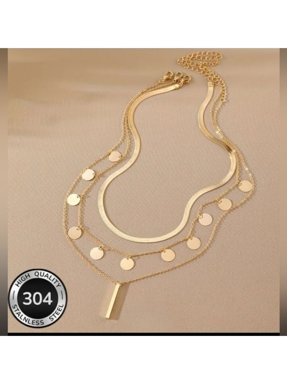 Gold Layered Discs And Bar Necklace -Polished Gold & Stainless Steel